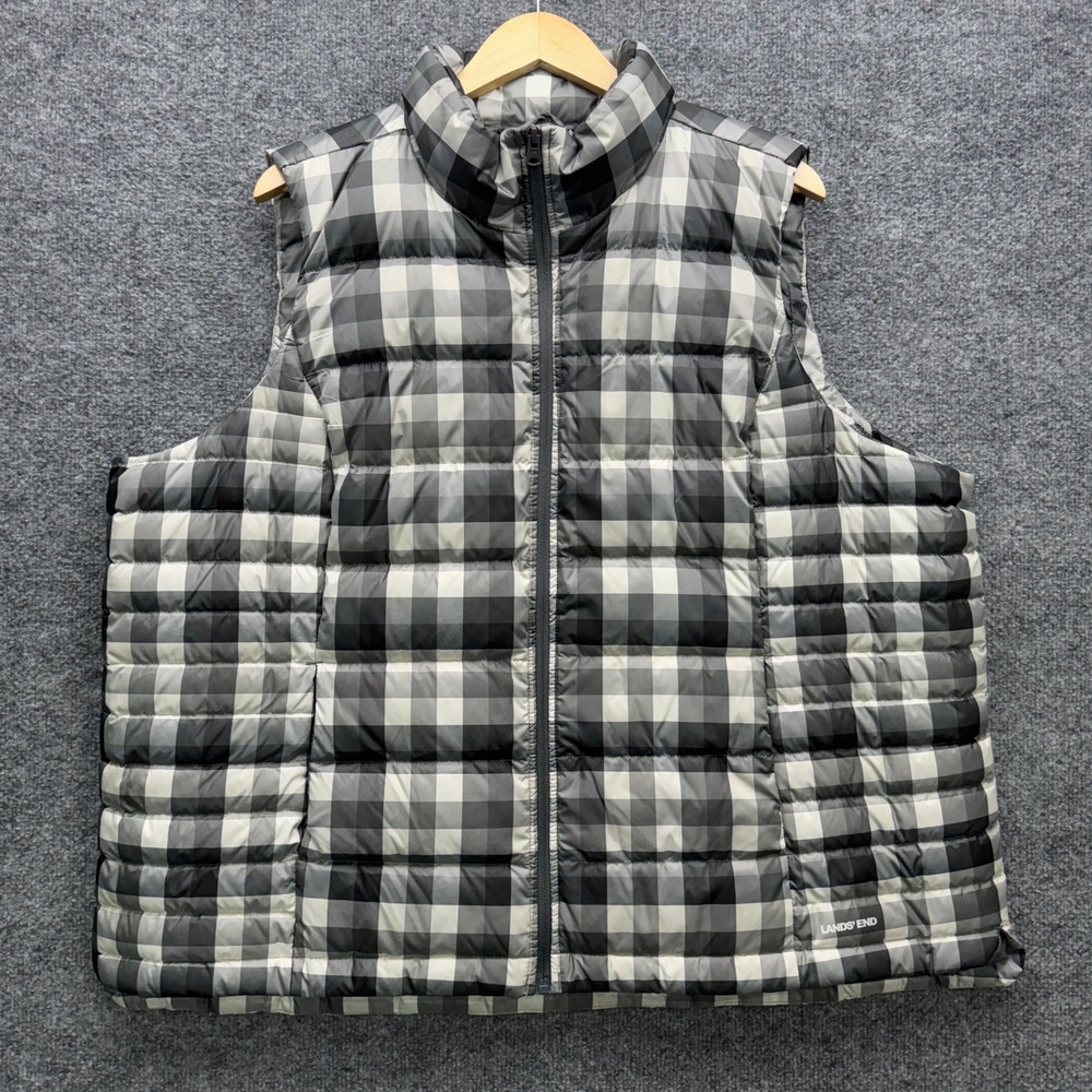 Lands' End Buffalo Plaid Puffer Vest Women 2X Grey Black Down Insulated Outdoor